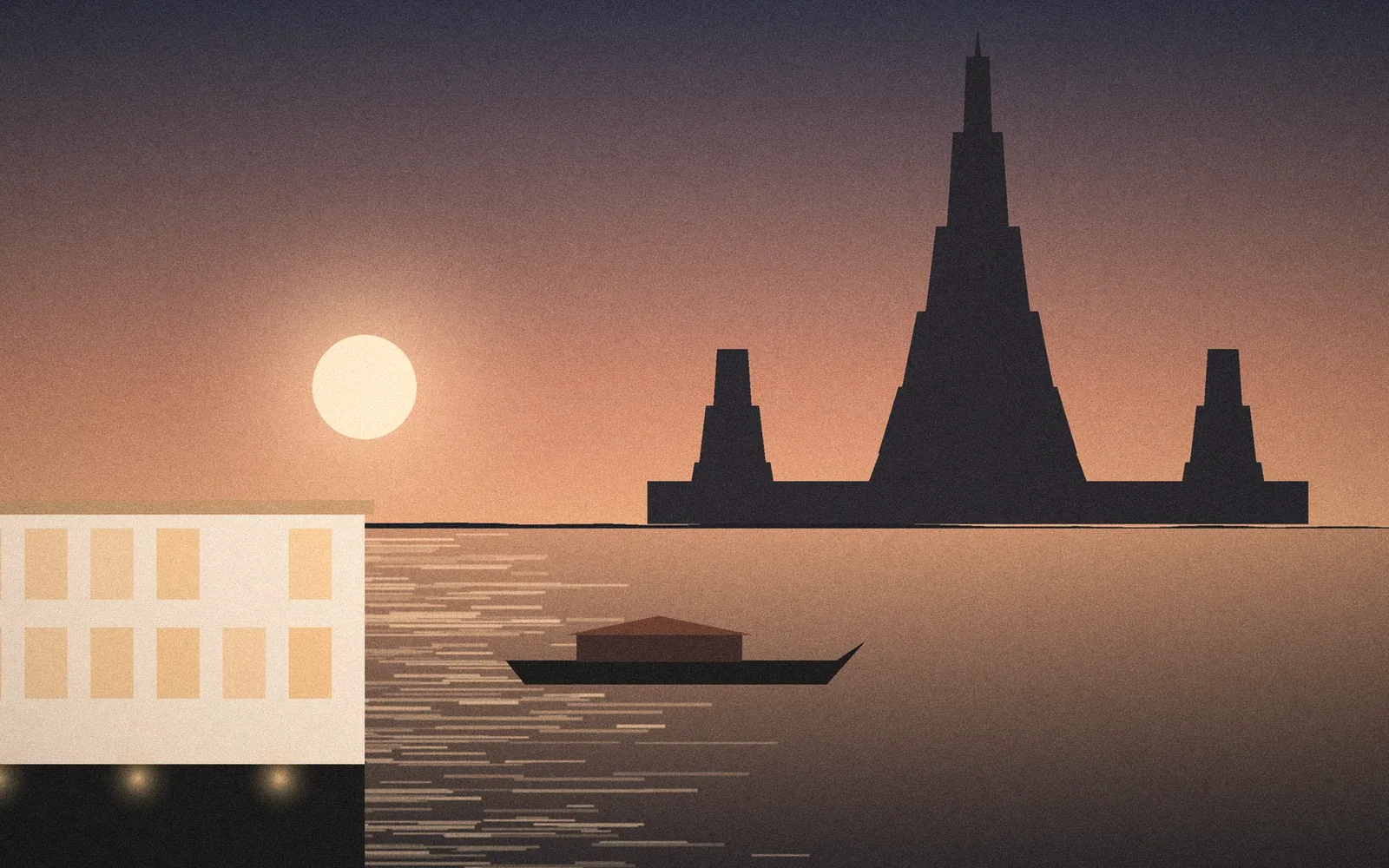 Ilustración: el río Chao Phraya iluminado al anochecer