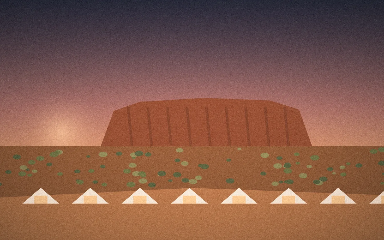 Ilustración: Uluṟu encendido al anochecer, más allá del campamento de tiendas